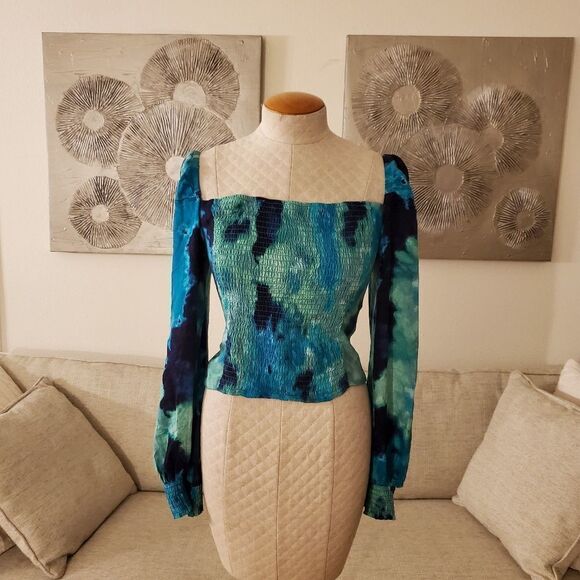 AFRM Bardot Tie Dye Smocked Square Neck Top size Medium in Teal - Picture 5 of 13
